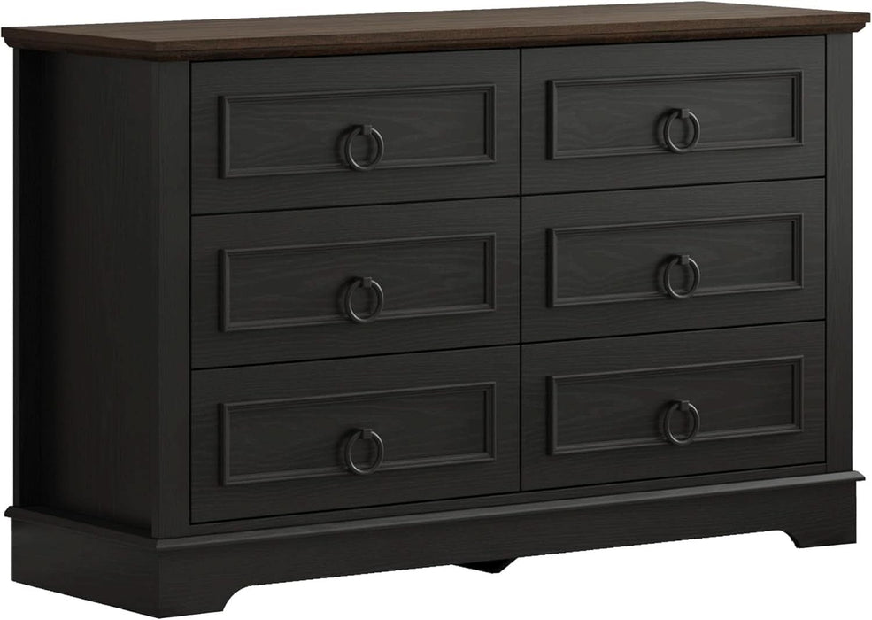 Farmhouse 6 Drawers Dresser for Bedroom, 47.2" W Modern Dresser with round Metal Handle, Thickened Desktop, Wood Rustic Chest of Drawers for Bedroom, Hallway, Entryway, Black