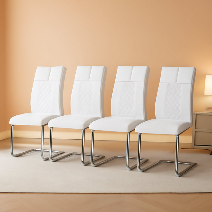 Dining Chairs Set of 4, White Faux Leather with Plated Chrome Metal Frame, Modern Kitchen Chairs with Padded Seat High Back for Dining, Kitchen, Living Room