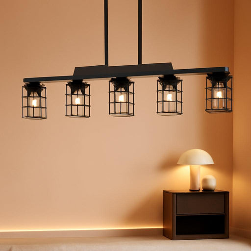 Dining Room Light Fixture/Chandelier over Table, 36.2-Inch Hanging for Farmhouse Linear Chandeliers,5-Light Kitchen Island Lighting, Black Rustic Wooden Ceiling Chandelier,With Metal Lampshade