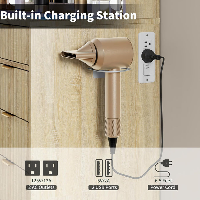 Vanity Desk with Glass Top and 11 LED Bulbs,Makeup Table with Large Mirror & Power Outlet,Hair Dryer Holder,Dressing Table with 11 Drawers & Cushioned Stool for Women and Girls,Bedroom (Natural Oak)