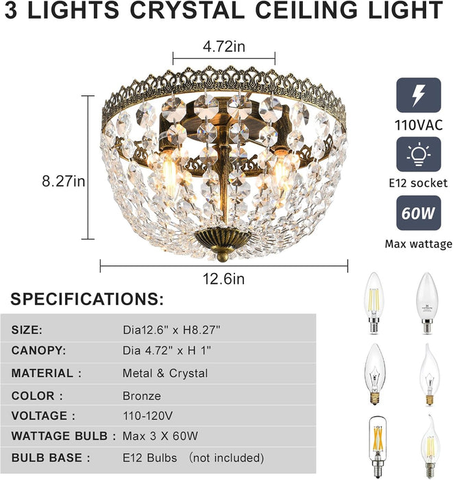 3 Lights French Empire K9 Crystal Flush Mount Chandelier Lighting Antique Ceiling Light Fixture for Dining Room Entrance Hallway Bedroom Kitchen Bathroom Bar, E12 Bulbs W12 .6 Inch X H8.27Inch