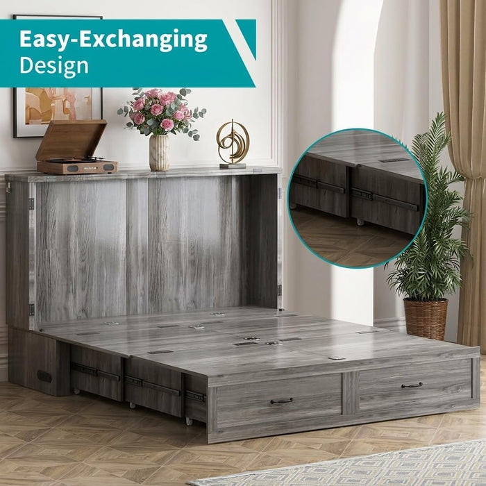 Grey QueenSize MurphyBed With Mattress USBCharging