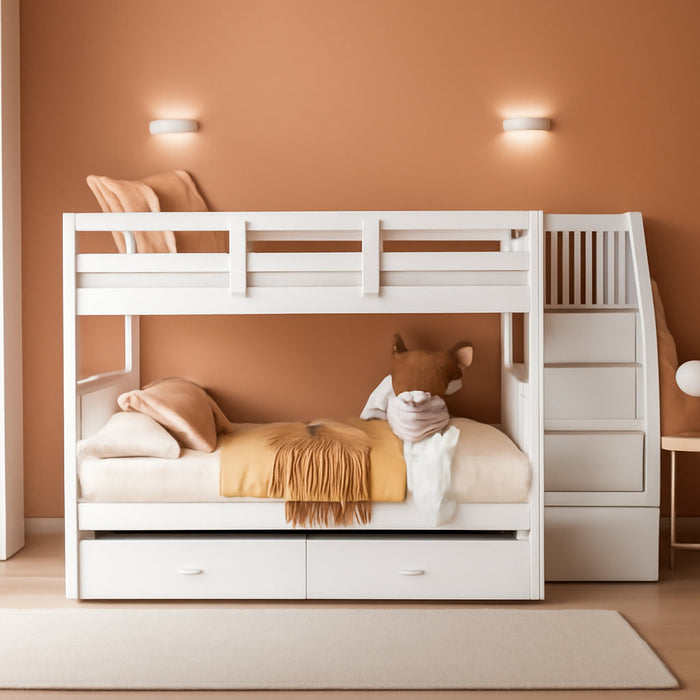 Twin over Twin Bunk Bed with Stairs and Trundle, Solid Wood Stairway Bunk Bed Frame with Storage, for Kids Teens Adults – White