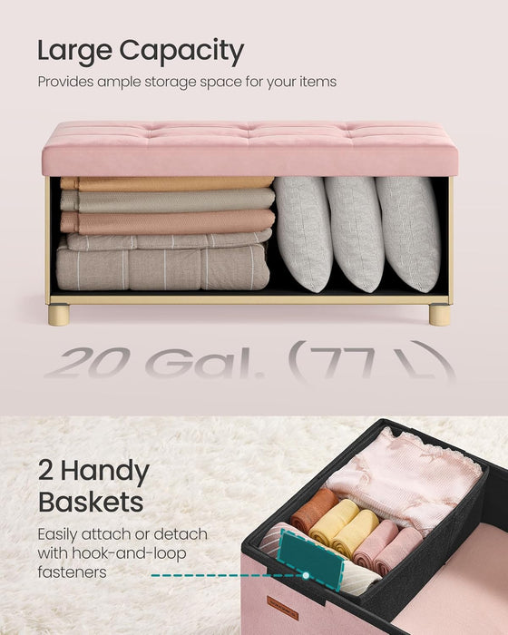 Storage Ottoman Bench, Folding Storage Chest, 15 X 30 X 15.2 Inches, Foot Rest Stool, 20 Gal. (77 L), Velvet Surface, for Bedroom, Entryway, Living Room, Jelly Pink ULSF0517R01