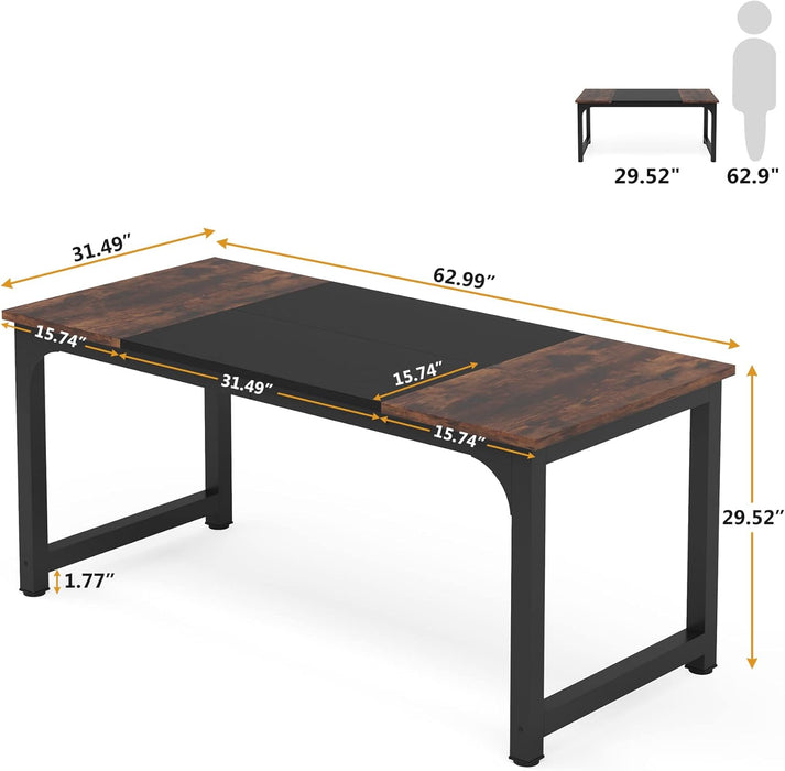 63 Inch Executive Desk TwoToneBrownBlack HeavyDuty Frame