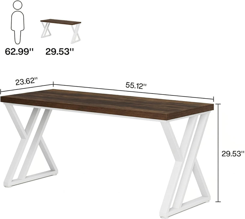 Modern Walnut/White 55" Heavy Duty Computer Desk, Study & Work Desk, 23.6"D X 55.1"W X 29.5"H, Z-Shaped Metal Legs, 330 Lbs Capacity