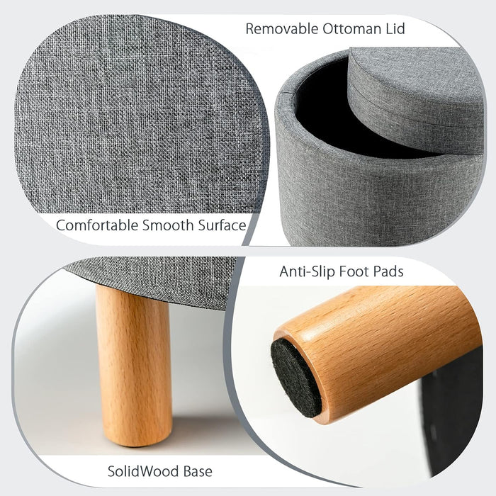 round Storage Ottoman with Tray Lid, Accent Storage Footstool W/Soft Padding, Fabric Sitting Stool W/Solid Wood Legs & Non-Slip Pads, Tray Top Coffee Table for Living Room, Bedroom (Grey)