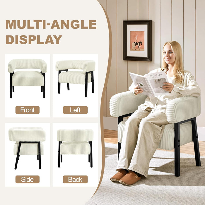 Corduroy Barrel Accent Chair, Modern Upholstered Armchair with Solid Wood Legs, Cozy Leisure Chair with Pocket Coiled Seat for Living Room, Bedroom, Reading Nook Beige