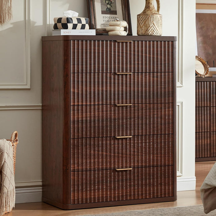 Fluted 5 Drawers Dresser for Bedroom, 41" Tall Modern Chest of Drawers with Metal Handle, Curved Profile Farmhouse Closet Organizer Wood Dressers TV Stand for Living Room, Hallway, Walnut