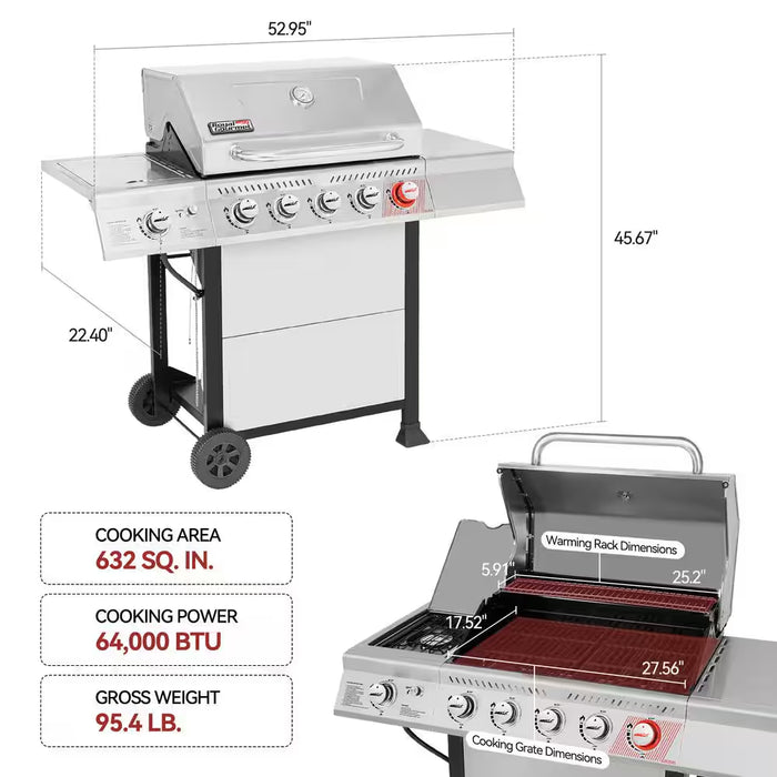 5-Burner Propane Gas Grill in Stainless Steel with Sear Burner and Side Burner