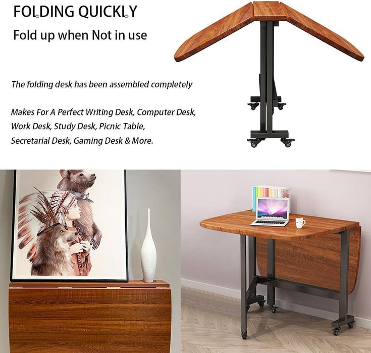 Multifunction Table Drop Leaf Dining Table - 47" Wooden Foldable Kitchen Table with 6 Wheels (Brown)