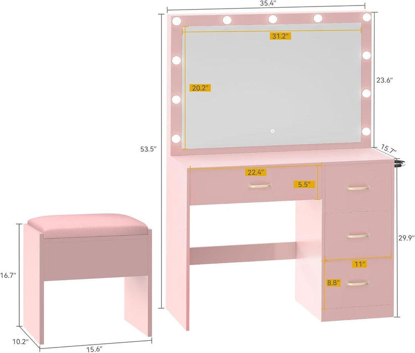 Vanity Desk with Large Mirror and Lights, Makeup Vanity Set with 11 LED Bulbs and Power Outlet, 4 Storage Drawer, Dressing Table with 3-Color Adjustable Lighting, Vanity Stool, Pale Pink