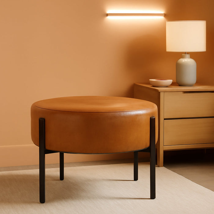 Modern round Ottoman, Home Décor,Upholstered round Velvet Foot Rest Ottoman - Carmel Faux Leather Small