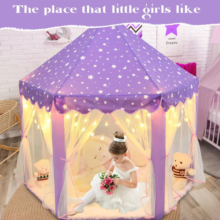 Purple Princess Tent for Girls, Kids Play Tent with LED Small Star Lights, Castle Playhouse Tent for Children Toddlers Indoor Outdoor Games, 55×53 Inches