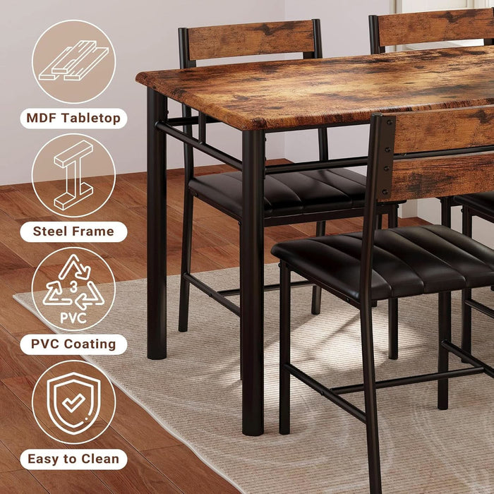 Dining Table Set for 4, Wood Kitchen Table with Upholstered Chairs for Kitchen Room and Small Spaces, Rustic Brown
