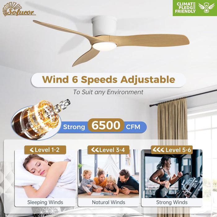 52 Inch Smart Ceiling Fan with Lights, Modern Low Profile Flush Mount Ceiling Fan with 6500CFM, Compatible with Alexa/Google/App, 3 ABS Blade, Dimmable Timer Reversible DC Motor, ETL, ABS