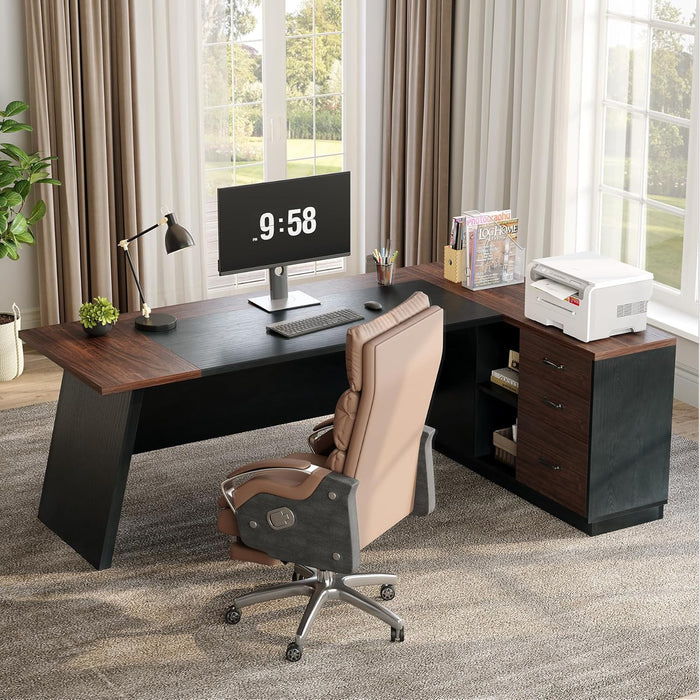 78-Inch Executive Office Desk with File Cabinet, Large Modern Corner Office Desk for Home Office, 3-Drawer Wood File Cabinet, Spacious Workstation for Home Office (Brown & Black)