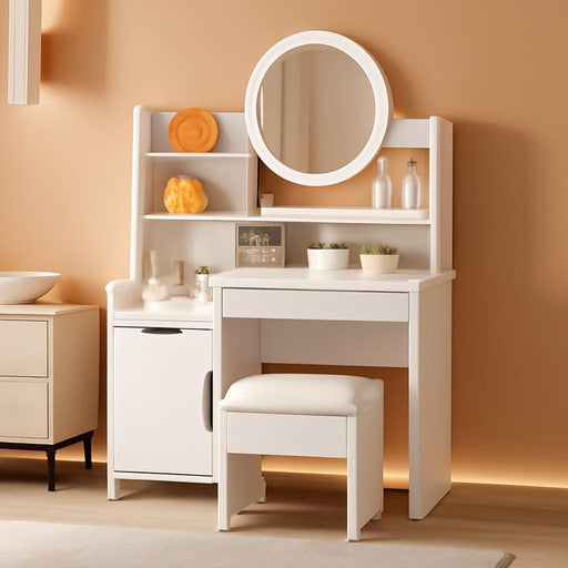 Kids Vanity with Lights, Princess Makeup Vanity Desk with Open Bookshelf, Storage Cabinet & Shelves, Toddler Vanity Table and Chair Set, Pretend Play Vanity Set for Little Girls, White