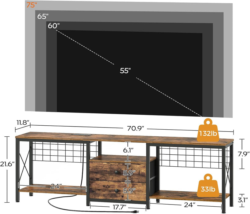 TV Stand with Power Outlet up to 75 Inch, Entertainment Center with 2 Fabric Drawers, TV Console Table with Open Storage Shelves for Tvs, Cable Management, for Living Room, Bedroom, DS18UBRY1