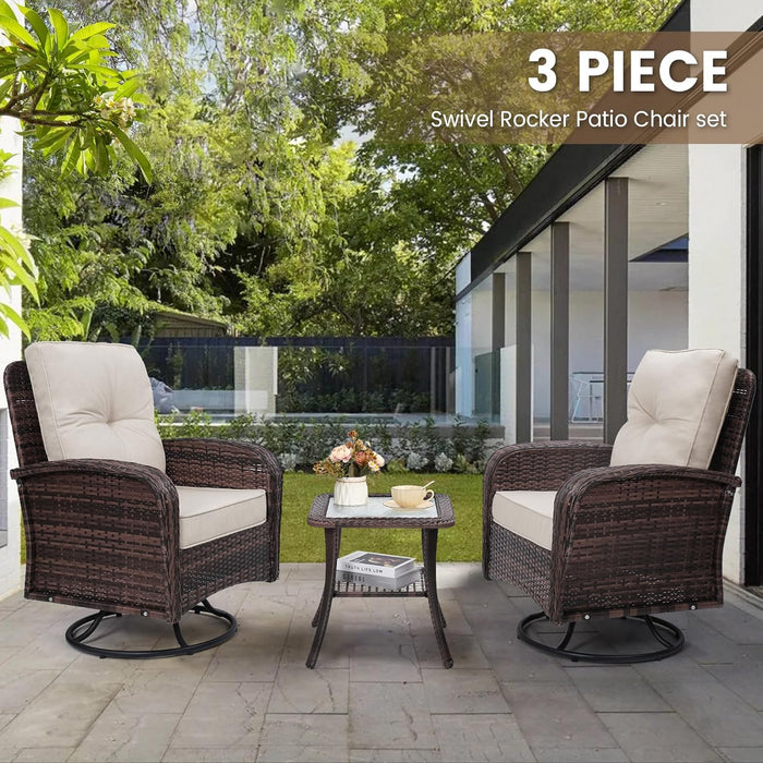 2 Luxury Outdoor Swivel Wicker Glider Patio Chairs with Table Set, Overstuffed Washable Cushions, Ideal for Porch, Balcony, Deck, Brown Rattan and Beige Cushions