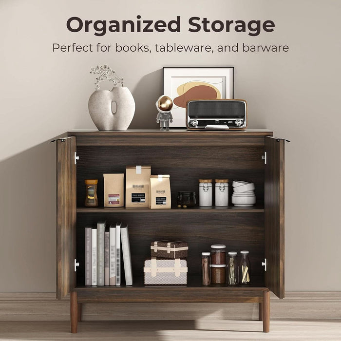Fluted Buffet Cabinet with Storage, Small Accent Cabinet, Walnut