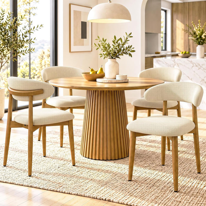 Wooden Dining Chairs Set of 4,Farmhouse Kitchen Chairs with Curved Back,Modern Fabric Upholstered Chairs for Dining Room,Soft Beige