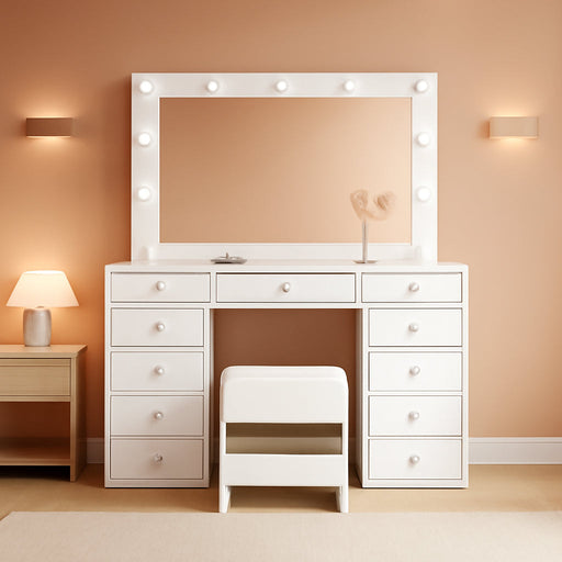 Vanity Desk & Power Outl, Makeup Vanity with Mirror and 12 LED Lights, Makeup Table with 11 Drawers, Vanity Table with Chair,Set 3 Lighting Modes Brightness Adjustable-(White)