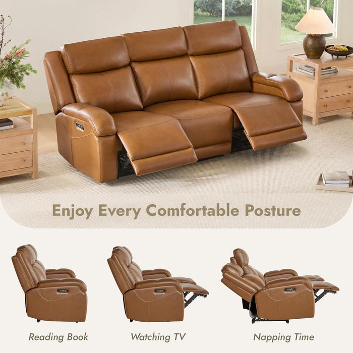 Genuine Leather Power Recliner Sofa, 3 Seater Wall Hugger Reclining Sofas with Power Headrest, USB & Typec Ports, Electric Recliner Couch Set for Living Room, Saddle Brown