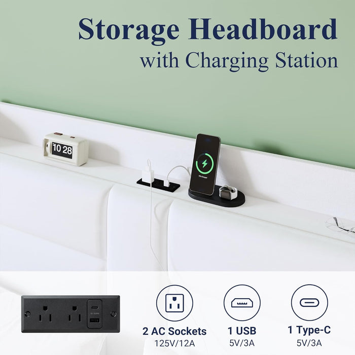 Full Size Platform Bed Frame with Charging Station & Storage Headboard, Upholstered Velvet Wingback Design & USB Port, Strong Wooden Slats Support, No Box Spring Needed, Easy Assembly, White