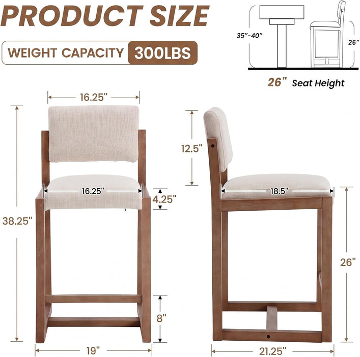 26" Bar Stools Set of 2, Linen Upholstered Counter Height Bar Stool