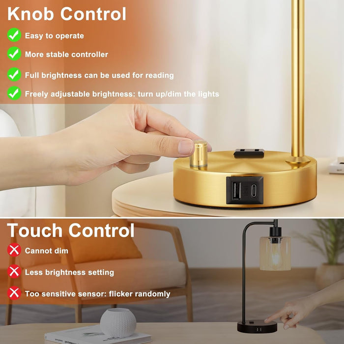 Industrial Table Lamps for Bedroom Set of 2 - Fully Dimmable Bedside Lamps with USB Ports and Outlet, Gold Nightstand Lamps with Opal Glass Shade for Living Room, Desk Lamps for Office Reading