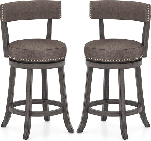 26" Bar Stools Set of 2, Swivel Counter Height Bar Chairs with Footrest, Rubber Wood Frame, Upholstered Linen Barstools with Back & Cushioned Seat for Kitchen Island, Dining Room, Pub