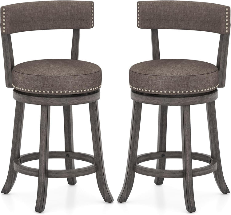 26" Bar Stools Set of 2, Swivel Counter Height Bar Chairs with Footrest, Rubber Wood Frame, Upholstered Linen Barstools with Back & Cushioned Seat for Kitchen Island, Dining Room, Pub