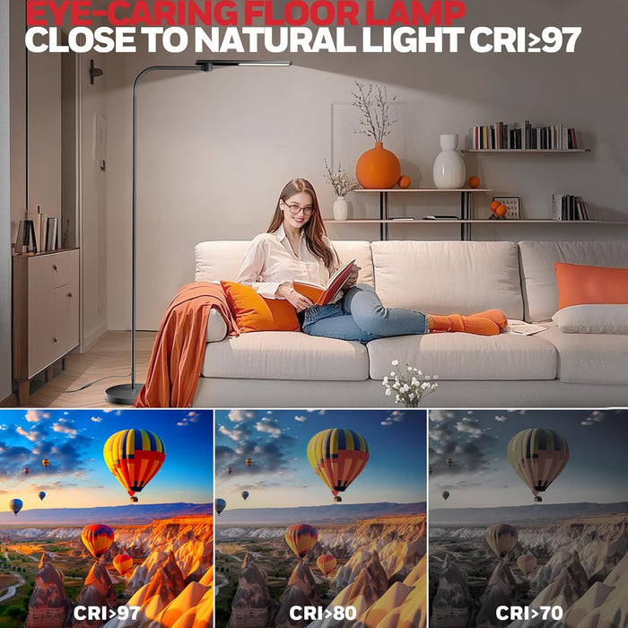 LED Floor Lamp for Reading, CRI97 Full Spectrum Eye-Caring Task Lamp, Stepless Dimmable 3000K-5000K Standing Lamp with Flexible Gooseneck, 77.5" Tall for Living Room, Bedroom, Office