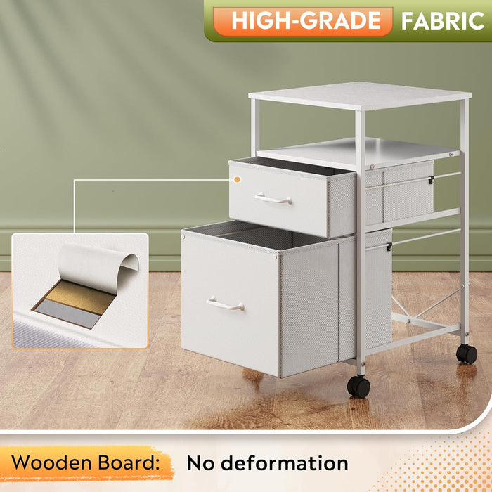 2 Drawer Fabric Vertical Filing Cabinet, Rolling Printer Stand, White