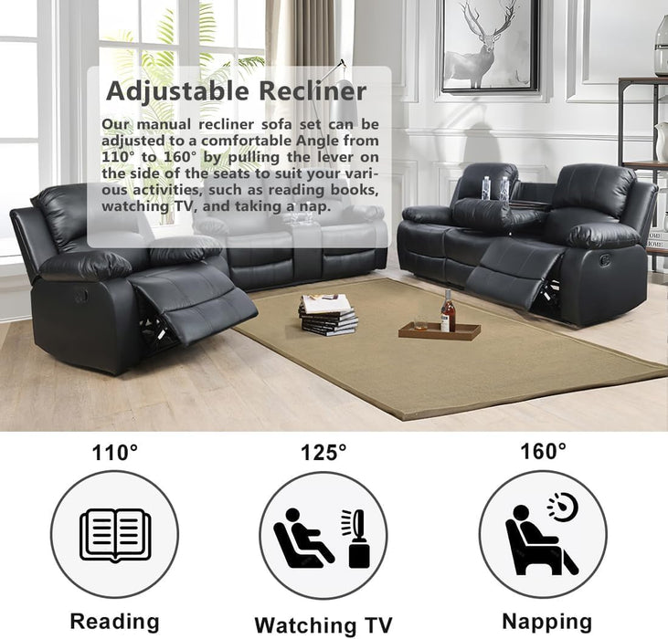 Bonded Leather Reclining Sofa Set with Cup Holders and Storage Console