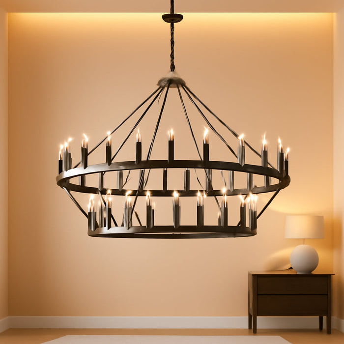 60 Inch Large Black Wagon Wheel Chandelier,2 Tier 54-Lights Farmhouse Industrial Country Style round Pendant Light Fixture for Outdoor Porch High Ceilings Living Dining Room Foyer Entryway