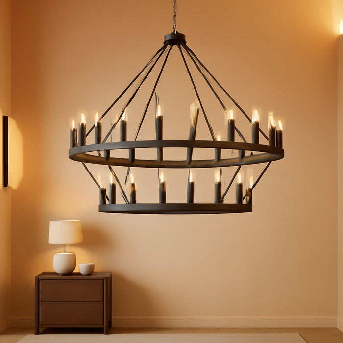60 Inch Large Black Wagon Wheel Chandelier,2 Tier 54-Lights Farmhouse Industrial Country Style round Pendant Light Fixture for Outdoor Porch High Ceilings Living Dining Room Foyer Entryway