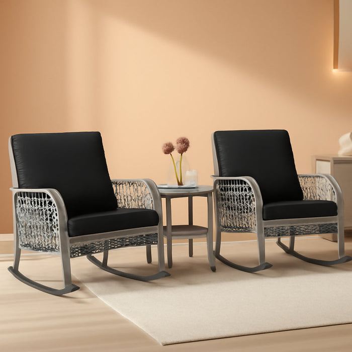 3 Piece Gray Wicker Patio Rocking Chair Set, Bistro Rocking Set, Outdoor Conversation Furniture with Porch Chairs and Glass Coffee Table, Slate Grey