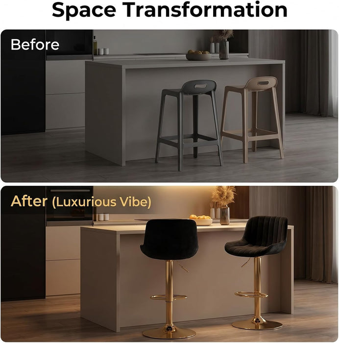 Velvet Bar Stools Set of 4 - Swivel Counter Height Barstools with Back & Adjustable Height, Modern Gold Kitchen Island Stools for Bar, Armless Pub Stools, Soft Black Upholstered Seating