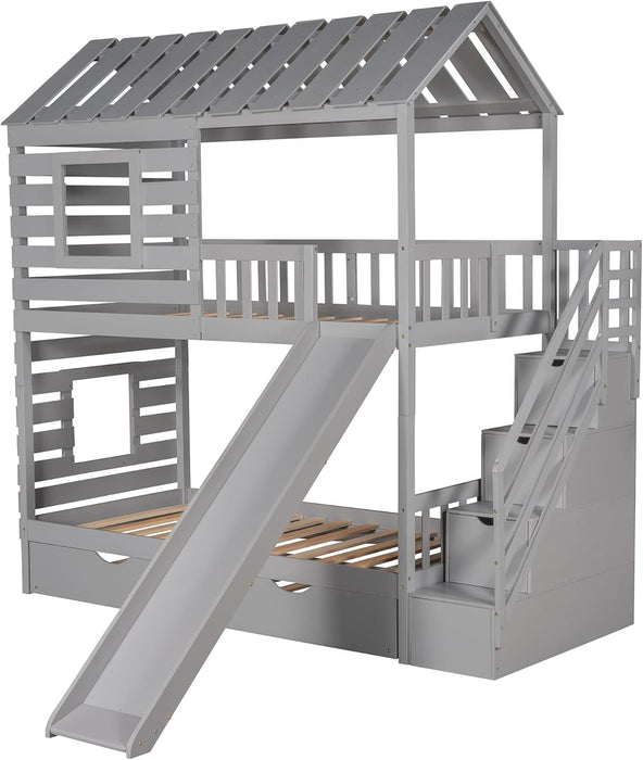 Twin over Twin House Bunk Bed, Wooden Bed Frame with Trundle and Slide, Storage Staircase, Roof and Window Design, Gray