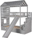 Twin over Twin House Bunk Bed, Wooden Bed Frame with Trundle and Slide, Storage Staircase, Roof and Window Design, Gray
