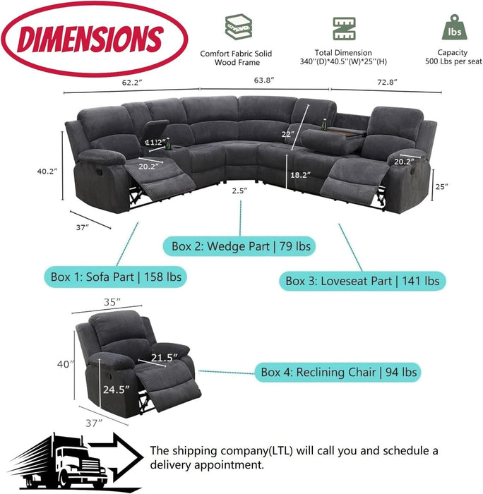 Manual Reclining Sofa Set with Drop-Down Table, Corduroy Sofa Sets, Living Room Furniture Sets, Modern Manual Recliner Sofa Sets with Storage Console for Living Room (Dark Grey, Sectional+Chair)