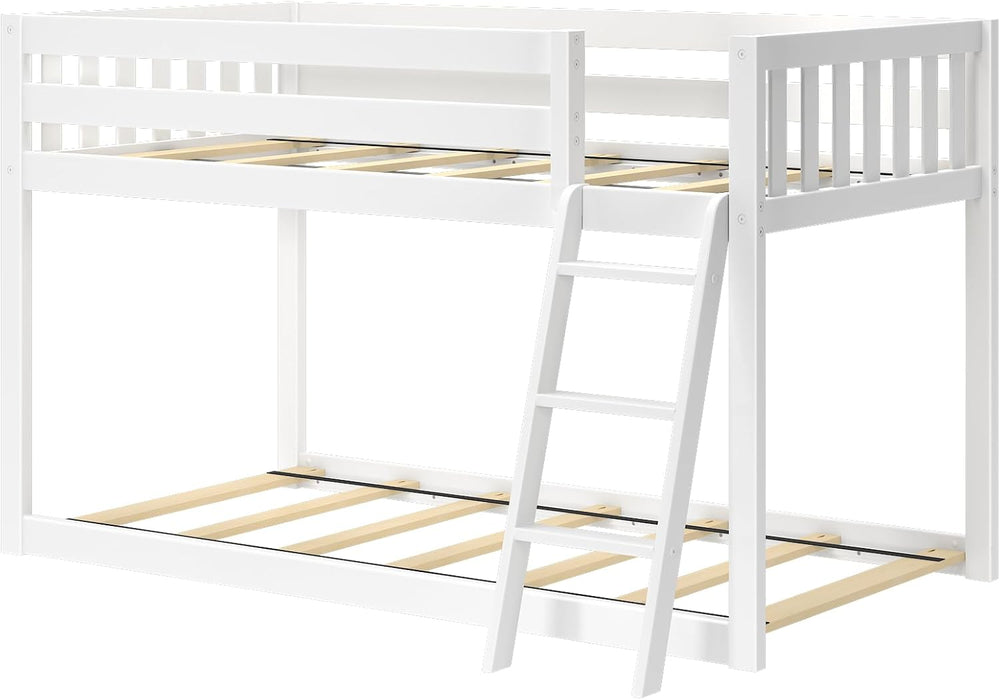 Fundamental Twin Low Bunk Bed, Kids Solid Wood Modern Bed Frame with Strong Wooden Slats, Non-Toxic Finishes, High Weight Capacity, White