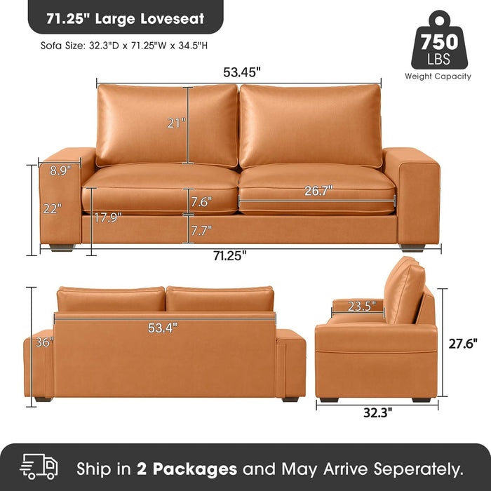 Faux Leather Loveseat Sofa 71Inch Brown SolidWoodenFrame