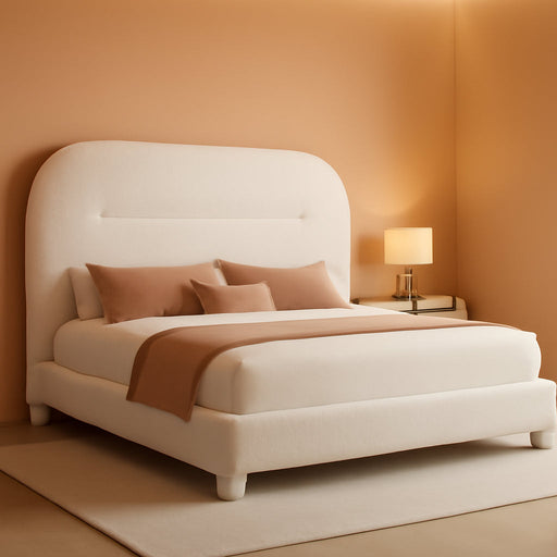 Queen Size Boucle Bed Frame, Upholstered Platform Bed Frame with Headboard, Modern Style, Soft Rounded Corners with Thickened Footboard, No Box Spring Needed, Easy Assembly, White