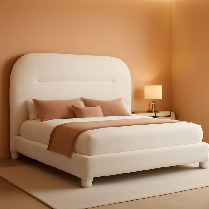 Queen Size Boucle Bed Frame, Upholstered Platform Bed Frame with Headboard, Modern Style, Soft Rounded Corners with Thickened Footboard, No Box Spring Needed, Easy Assembly, White