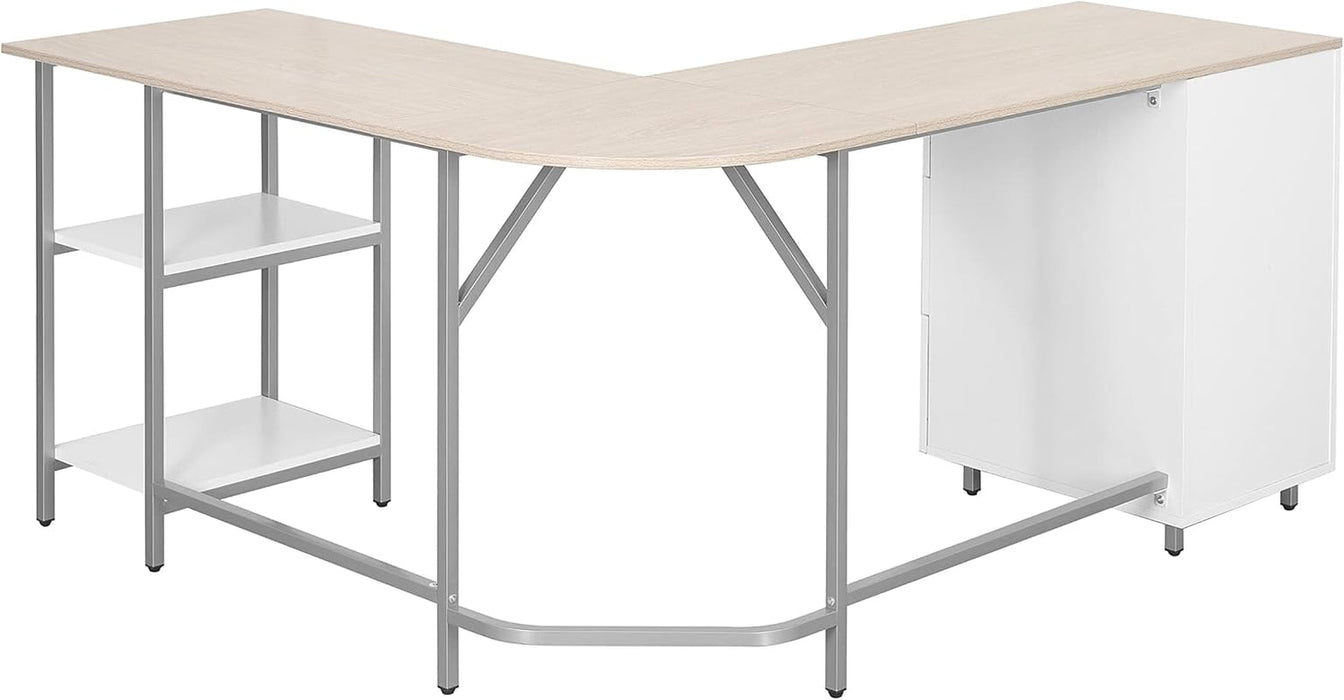 L Shaped Desk - Two-Toned Computer Desk with Drawers & Storage Shelves - Simple Modern Furniture & Home Office Space Corner Table for Work & Writing
