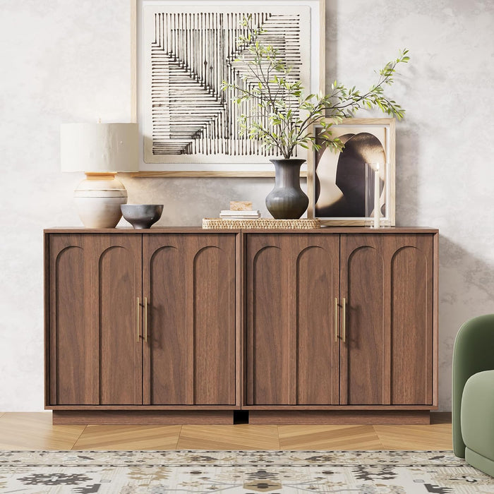 31.5" Sideboard Buffet Cabinet with Storage, Walnut | Modular Media Console, Mid Century Modern Credenza with Arched Doors for Living Room Kitchen Dining Room Entryway