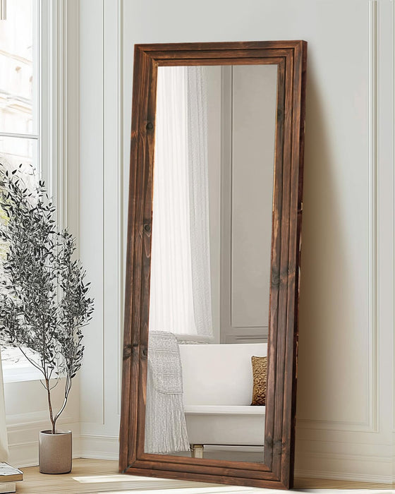 SixtyFiveInch Floor Mirror SolidWood Frame WalnutFinish Brown